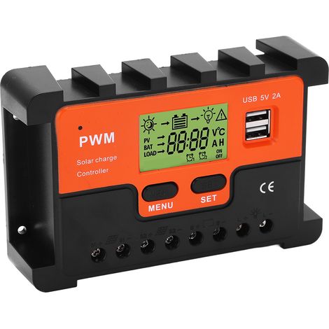 Contrôleur solaire PWM 12V/24V, identification automatique, câble 28AWG à 10AWG, 10A, avec écran LCD et 2 ports USB 5V. (1/5)
