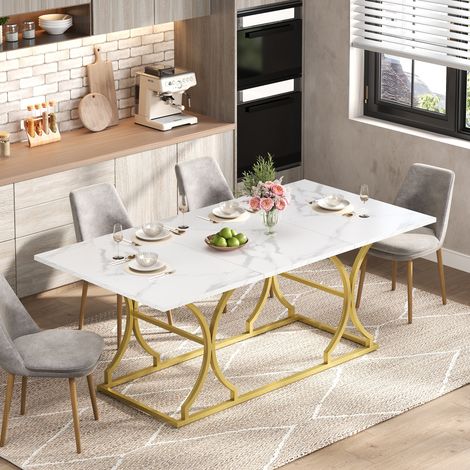 Table de salle à manger avec effet marbre, pieds métalliques, plateau de 2,5 cm d'épaisseur, patins réglables, 200×80×76 cm (1/5)