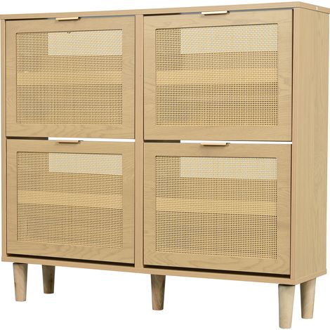 Meuble à chaussures avec 4 abattants, commode à chaussures en rotin avec poignées métalliques, étagère à chaussures pour entrée, chambre, appartement, meuble en bois, style campagne, dimensions: 100 x (1/5)