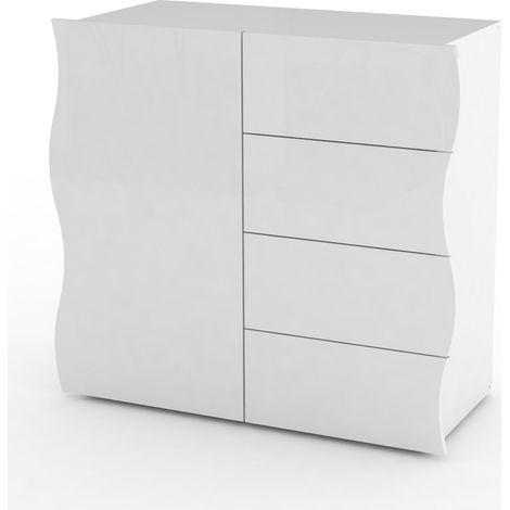Mobile Multiuso 1 Anta 4 Cassetti 90x40x81 cm Onda Bianco Lucido (1/4)