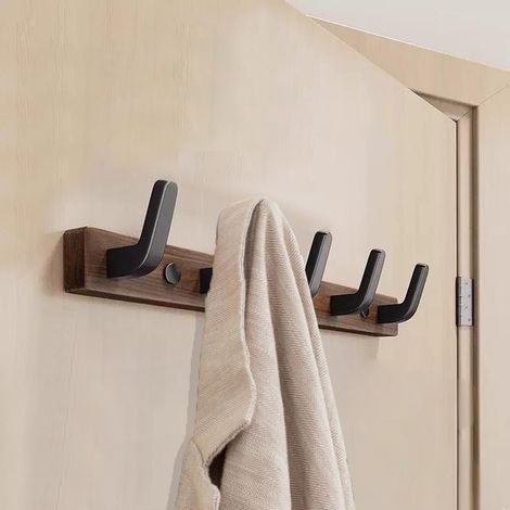 Porte Manteau Mural Bois Noyer avec 5 Crochets, Bois Massif Porte Manteau Salle De Bain, Patere Murale pour une Entrée, Chambre, Salle de Bain et Vestiaire (1/5)