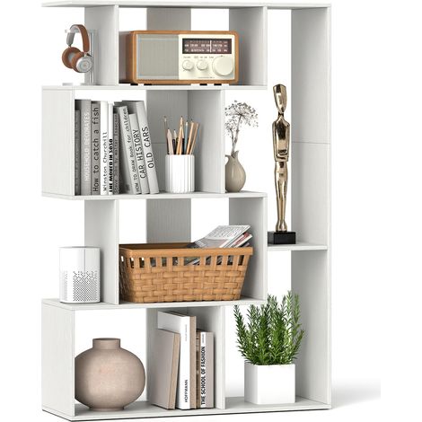 Libreria geometrica con schienale aperto, 6 cubi con kit antiribaltamento, Mensola portaoggetti indipendente 80 x 30 x 119 cm per ufficio, soggiorno, Bianco (1/5)