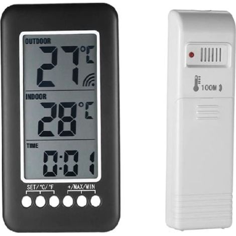 2-in-1-Digitalthermometer für drinnen und draußen, LCD-Uhr, °C/°F-Anzeige, Temperaturmessung mit Sender (1/5)