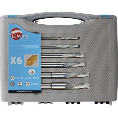 Leman – Coffret de 6 mèches à mortaiser hélicoïdales – Acier – Ø 6-8-10-12-14-16 mm – Diamètre queue 6 à 13 mm – Coupe nette sans éclat