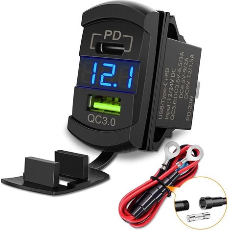 Voltmetro LED con presa USB a interruttore, connettore rapido 12V PD tipo C e USB QC 3.0, ricambio per auto con fusibile in linea per pannello interruttori su barche, camion e camper. (1/5)