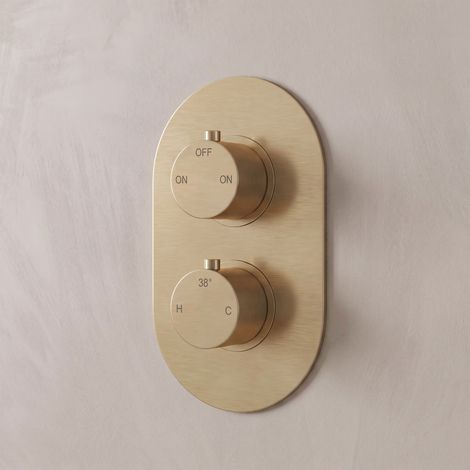 Signature Reflex Thermostatic Round 2 Outlet Concealed Shower Valve Dual Handle - Brushed Brass (1/3)