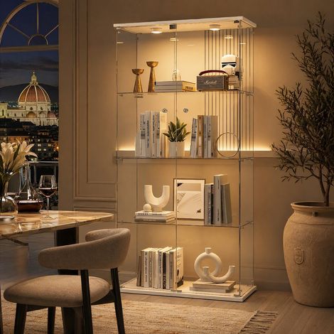 Vetrinetta in Vetro,Vetrinetta Espositiva LED RGB a 7colori,Vetrina Soggiorno Moderna con 4 Ripiani in Vetro con 2Porta e Serratura,Vetrine per Collezionismo,164x80.5×36.5cm,Bianco