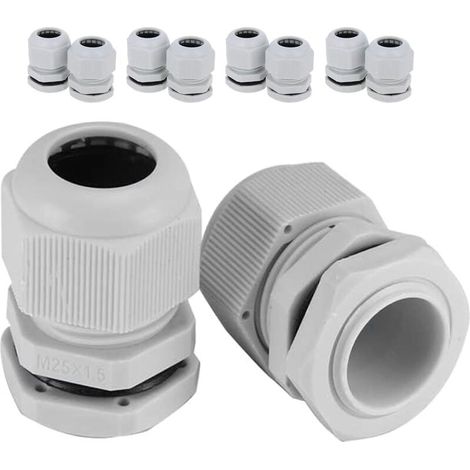 10 prensaestopas M25 de 13-18 mm, ajustables, impermeables, IP68, de plástico, para caja de conexiones de jardín exterior, color gris.