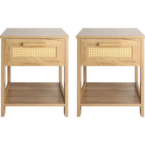 Lot de 2 Tables de Chevet en Rotin et Bois Chêne Rustique avec Tiroir et Étagère Ouverte Meuble de Rangement Design Élégant (1/4)