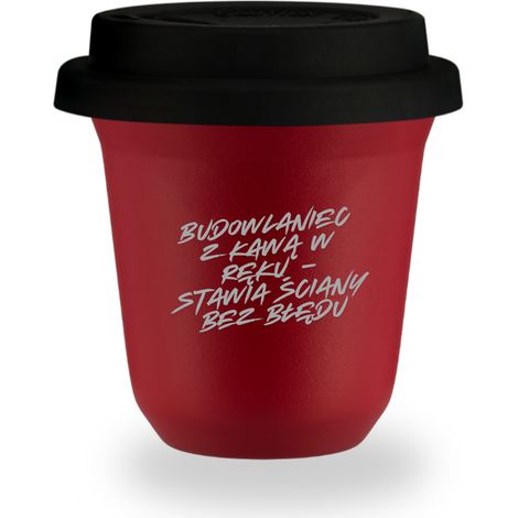 80 ml roter Becher „Bauarbeiter mit Kaffee in der Hand – baut Wände fehlerfrei“, mit schwarzem Deckel