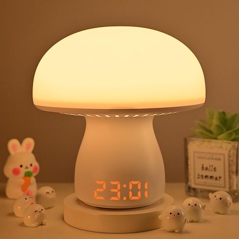 Lampe champignon de table avec horloge, veilleuse tactile rechargeable 3600mAh, LED 3 couleurs pour chambre décoration maison (1/5)