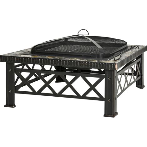 3-in-1 Feuerschale aus schwarzem Stahl mit Grillrost, Funkenschutz und Haken 76 x 76 x 47 cm (1/4)