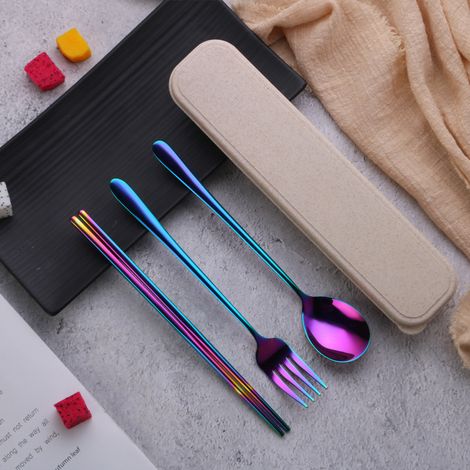 Ensemble de 3 pièces (couleurs arc-en-ciel) : fourchette, cuillère et baguettes en acier inoxydable 304