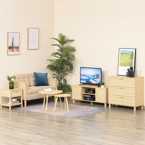 Table de chevet table de nuit avec tiroir et étagère, cannage en rotin, dim. 40L x 40l x 48H cm aspect bois naturel clair