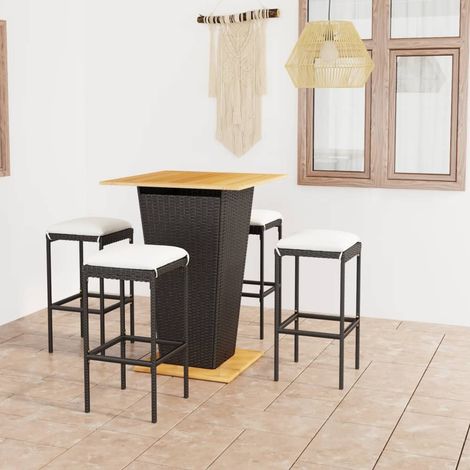 Set 1 Table de bar + 4 chaises de bar/Tabourets,Ensemble de bar de jardin et coussins Résine tressée Noir -BV12537 (1/5)