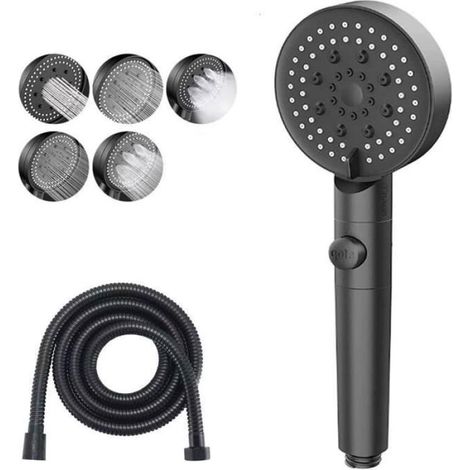 Pommeau de douche - 5 modes - pressurisation - arrêt instantané - flexible de 1,5 mètre - noir (1/4)