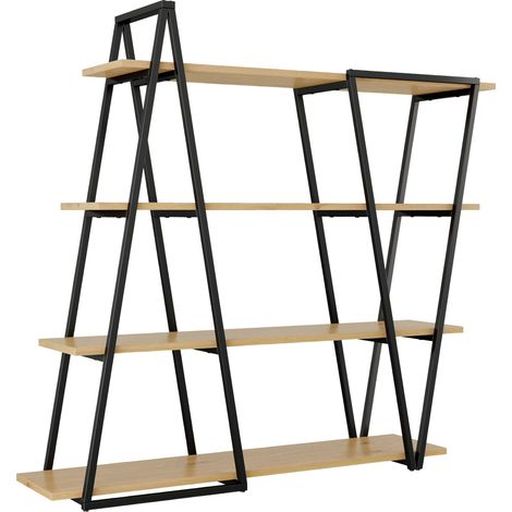 Geometrisches Standregal 158 x 35 x 166 cm aus MDF und schwarzem Metall, 4 Böden Eiche-Optik (1/5)