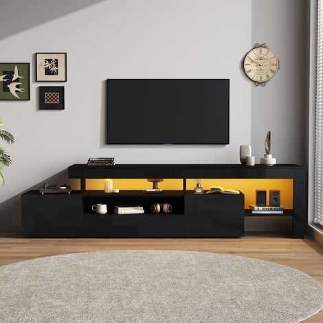 Meuble TV LED 192x37x53 cm, 3 Portes Abattantes, Niches Ouvertes, Finition Brillante, Pilotable par App, TV jusqu’à 85 Pouces - Noir (1/5)