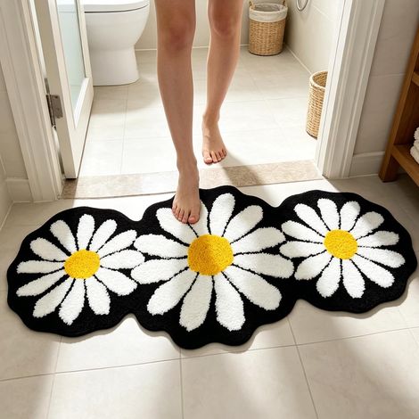 Tapis de Bain Anti-Dérapant Marguerites Noir et Blanc Microfibre Douce Absorbante à Séchage Rapide 60x130cm pour Sortie de Douche, Côté Baignoire, Grand Salle de Bain et Cuisine (1/5)