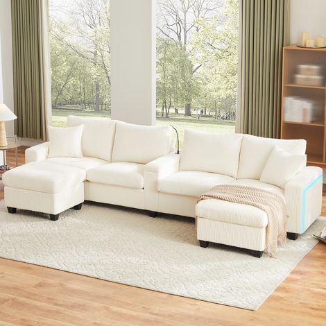 Canapé en U 4 places avec LED rangements poufs ports USB Type C en velours côtelé beige 334x128,5x81 cm (1/5)