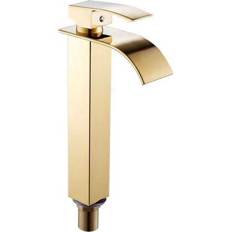 Robinet salle de bain lavabo haut cascade bec pour vasque,Mitigeur eau froide et chau moderne carré chromé trou simple (Doré) (1/5)