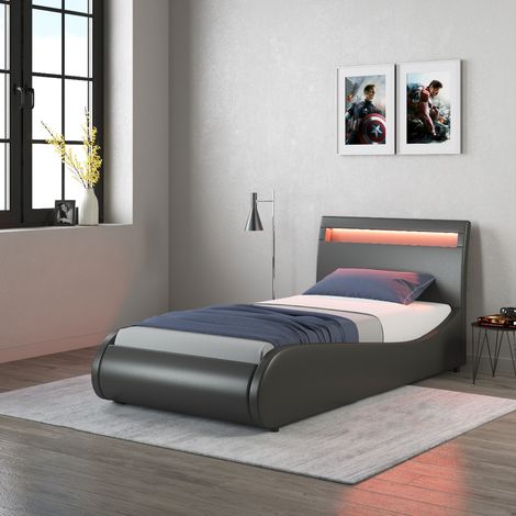 ORION LED LIGHTS HEADBOARD FAUX LEATHER SINGLE BED FRAME Black (1/5)