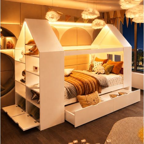 Lit cabane 235x95x154,5 cm en bois blanc avec LED, rangement, gain de place, sans matelas – MEUBLIV (1/5)