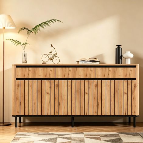 Sideboard 160x40x73cm aus MDF, Fernsehschrank mit 3 Auszugschubladen & 3 Lamellentüren, 6 Metallfüße, abgerundete Kanten, bis 30 kg belastbar, Eichenoptik Kommode für Wohnzimmer (1/5)