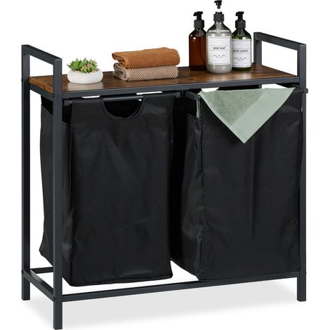 Relaxdays Cesto Ropa Sucia con Balda, 72 x 73 x 33 cm, 2 Sacos Extraíbles, Diseño Industrial, Cubo Colada, Negro/Marrón