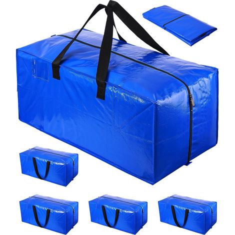 Set aus 5 großen, robusten Aufbewahrungstaschen mit Reißverschluss und Etikettenfach, 100 l, wasserdicht und strapazierfähig, blau, für Umzugs-, Reise-, Camping- und Gartengeräte.