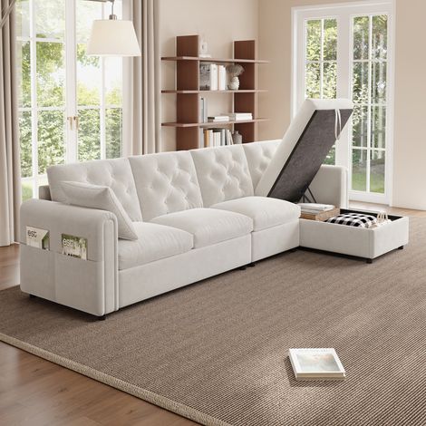 Divano angolare 281x132x86 cm beige in velluto con contenitore, funzione letto e tasche laterali (1/5)