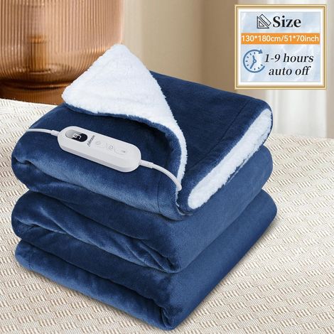 Couverture Chauffante 180x130cm avec Arrêt Automatique 9 Niveaux de Chauffage & 10 Minuteurs Protection Surchauffe Lavable pour Maison & Bureau Bleu Marine