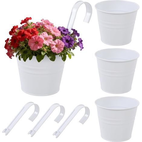 Lot de 4 Pots suspendus, Acier galvanisé, Trou de drainage, Noir ou Blanc, Intérieur et extérieur (1/5)