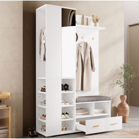 Set guardaroba 120x35x190 cm bianco in truciolare con specchio, panca, 2 cassetti e portascarpe (1/5)
