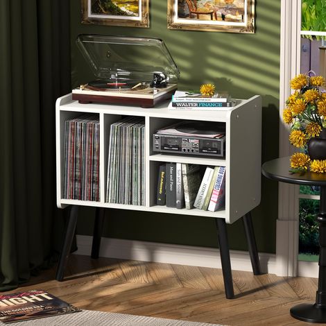 Table pour tourne-disques, du milieu du siècle, avec rangement en vinyle, pour jusqu'à 150 albums, armoire à disques vinyle avec étagères réglables, blanc (1/5)