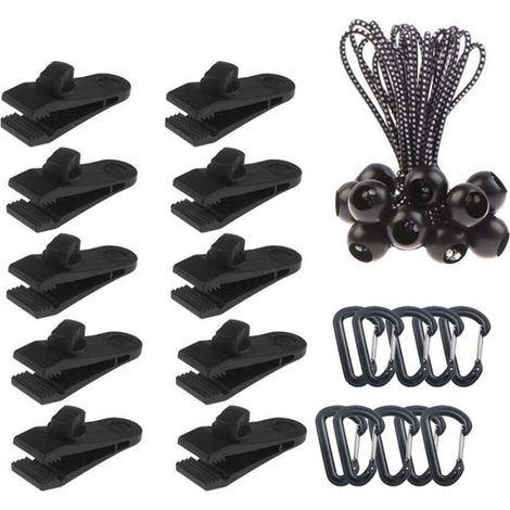 Kit de 30 clips de fixation pour bâche avec pinces et mousquetons pour bâches, tentes, camping, caravanes, pique niques et auvents (1/5)