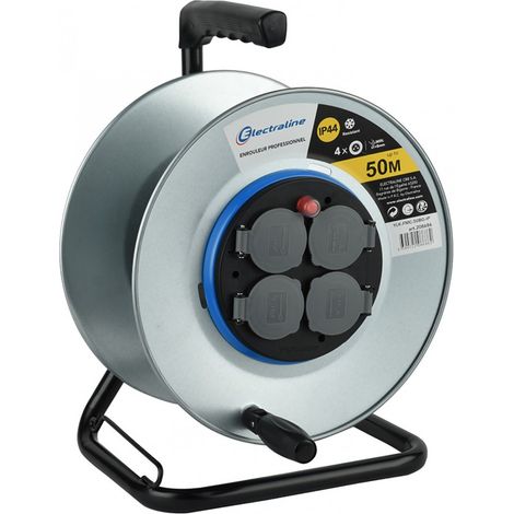Electraline – Enrouleur de câble électrique chantier 4 prises avec terre – Protection thermique par disjoncteur – IP44 – Longueur 0m – Métal