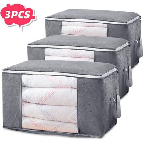 Foldable Storage Bag Organizer, Clothes Storage Boxes, Waterproof, Mildewproof, Moisture-Proof Storage Bag with Clear Window, 3 Pack (Grey)