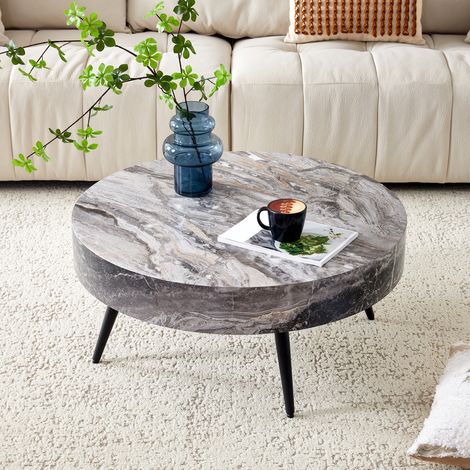 Table basse ronde 70 cm gris et noir en MDF et métal avec pieds réglables et design compact (1/5)