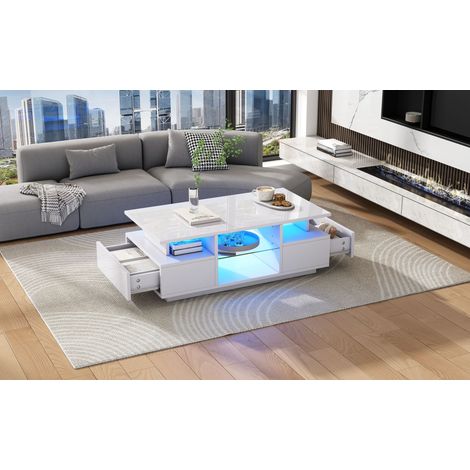 Couchtisch aus Spanplatte in Weiß Hochglanz mit LED, 100 x 50 cm, 2 Schubladen und Glasablagen