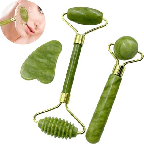 Ensemble de 3 rouleaux de jade, rouleau facial en jade naturel, rouleau de massage en pierre de jade, ensemble rouleau de jade et Gua Sha, soin amincissant anti-âge par thérapie par le froid - Vert (1/5)
