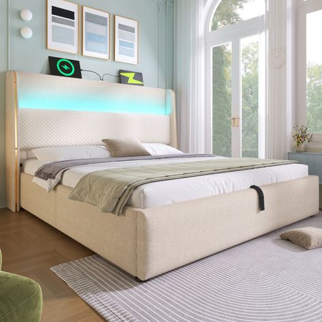 Cama doble con canapé 160x200 cm con LED, USB/Type-C y colchón beige HAVRYA (1/5)