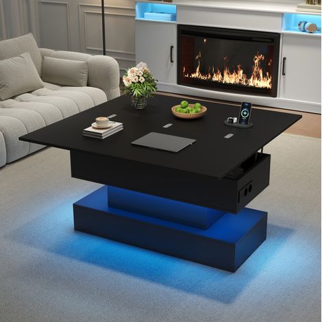 Table basse relevable multifonction 100x50x51,5 cm avec prise, USB et LED, noire (1/5)