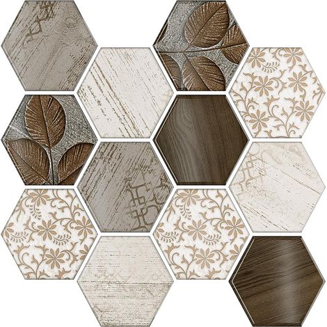Crédence Adhésive Cuisine Bois Brun Hexagone 3D Carrelage Adhesif Mural Salle de Bain Stickers Carrelage Imperméable Carreaux Adhesif Bois Brun Vintage Decoratif 30.5cm×30.5cm 6 Pièces (1/5)