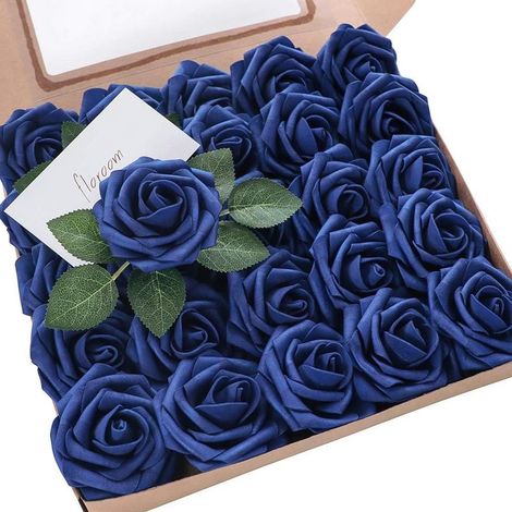 (Bleu royal)Lot de 25 roses artificielles en mousse ivoire avec tiges pour bouquets de mariage, centres de table de fête, arrangements, décorations de table de fête (1/5)