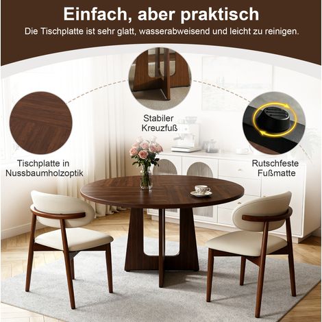 Ensemble de salle à manger rond modulable avec 1 table Ø 120 cm en MDF noyer et 2 chaises en chêne massif (1/5)