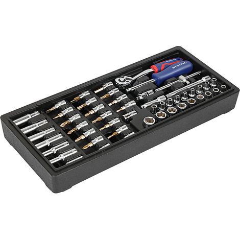 Llave de carraca, vasos y puntas ¼ pulg, juego 50 piezas, serie modular