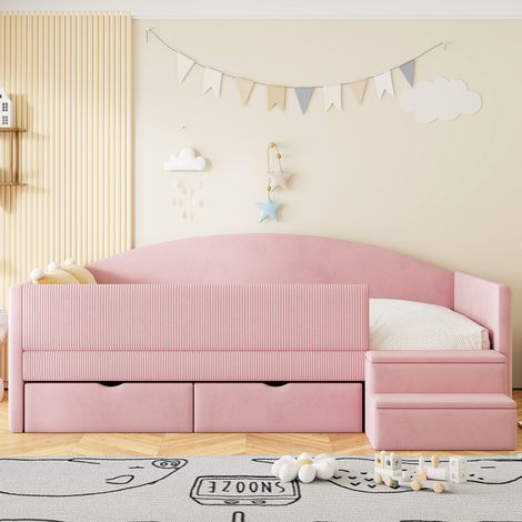 Cama infantil tapizada de terciopelo rosa 90x190 cm con 2 cajones, barandillas, peldaños y somier de láminas (1/5)