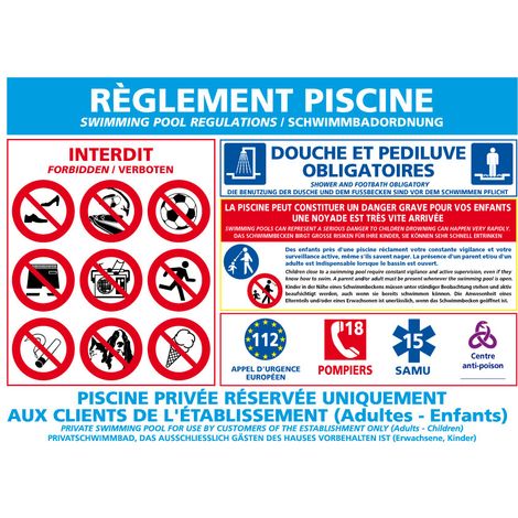 Signaletique.Biz France – Panneau règlement piscine obligatoire – Vinyle adhésif résistant aux UV – 300 x 210 mm – Installation facile sur mur ou clôture