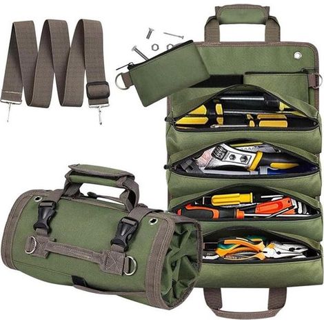 Bolsa de herramientas enrollable con compartimentos desmontables y correa: bolsa de almacenamiento multifuncional electricistas e instaladores (1/5)